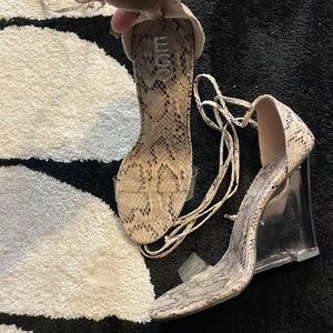 Ego Strap up wedge heels/sandals snake print acrylic heel size 7